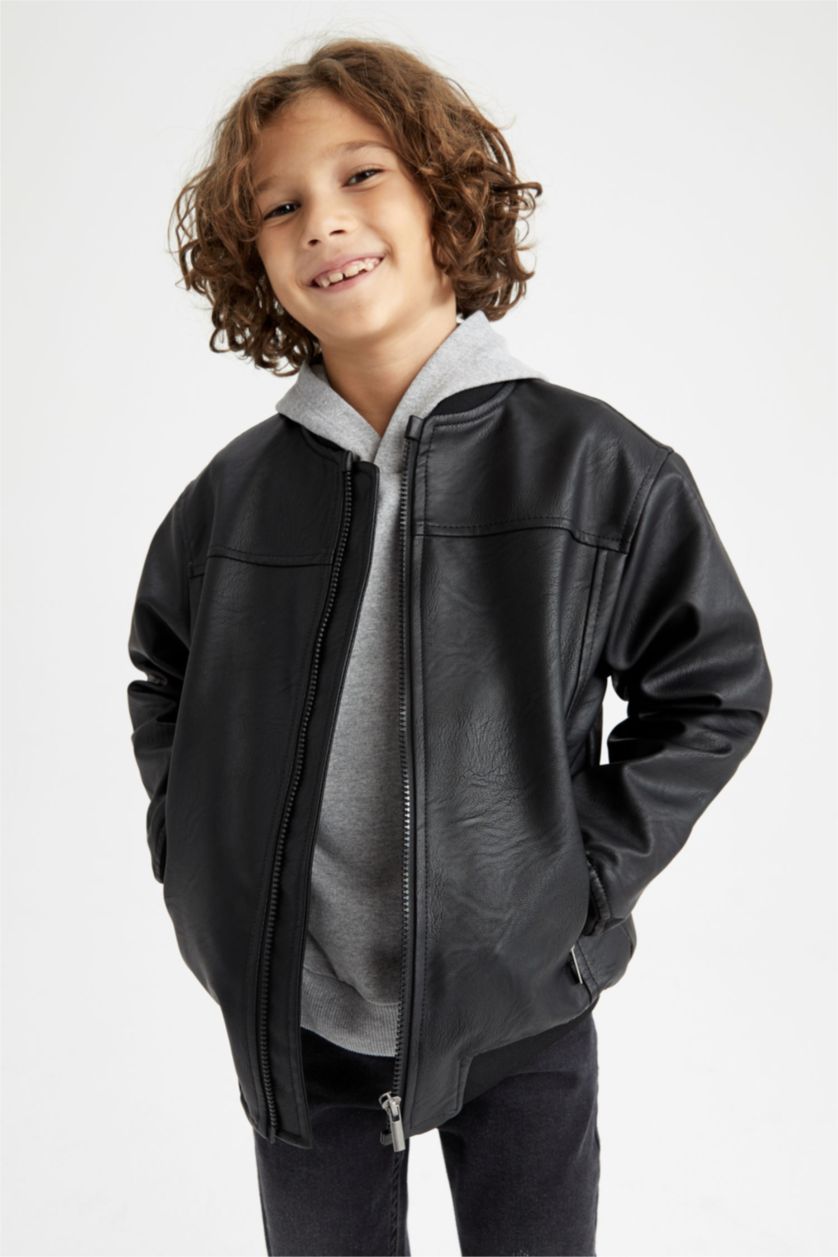 Мальчики и подростки Черный Кожаная куртка бомбер для мальчиков
