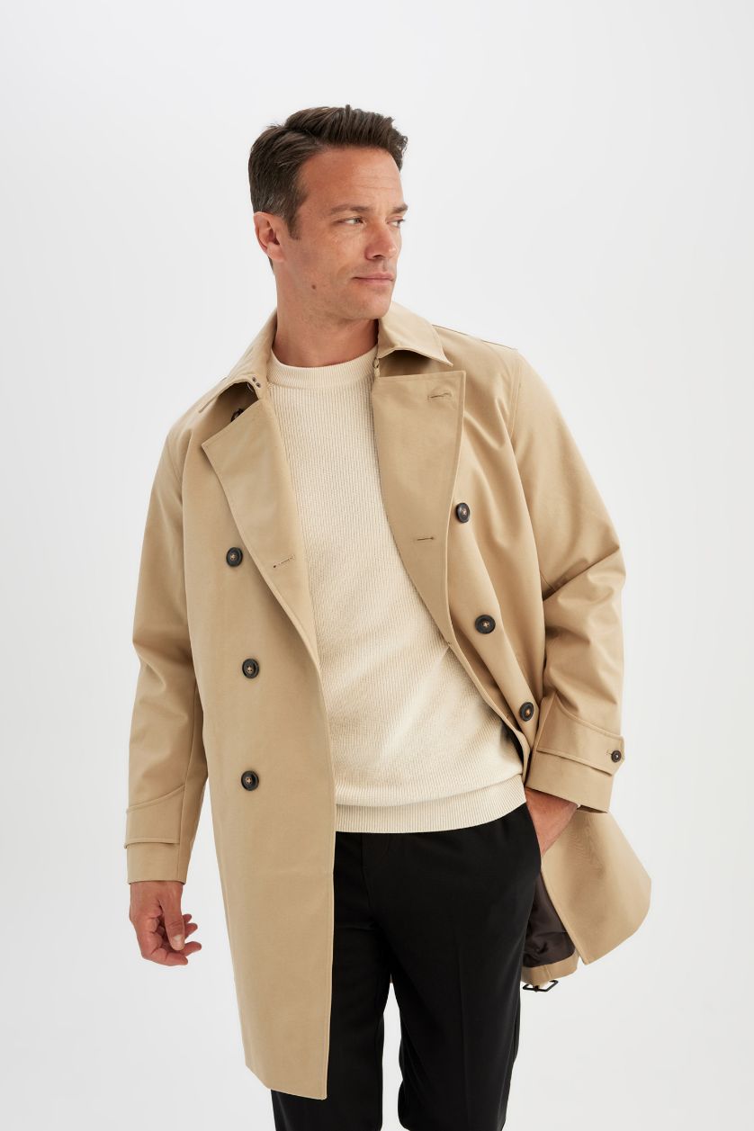 MAN Beige Regular Fit Polo Neck Lined Trench Coat