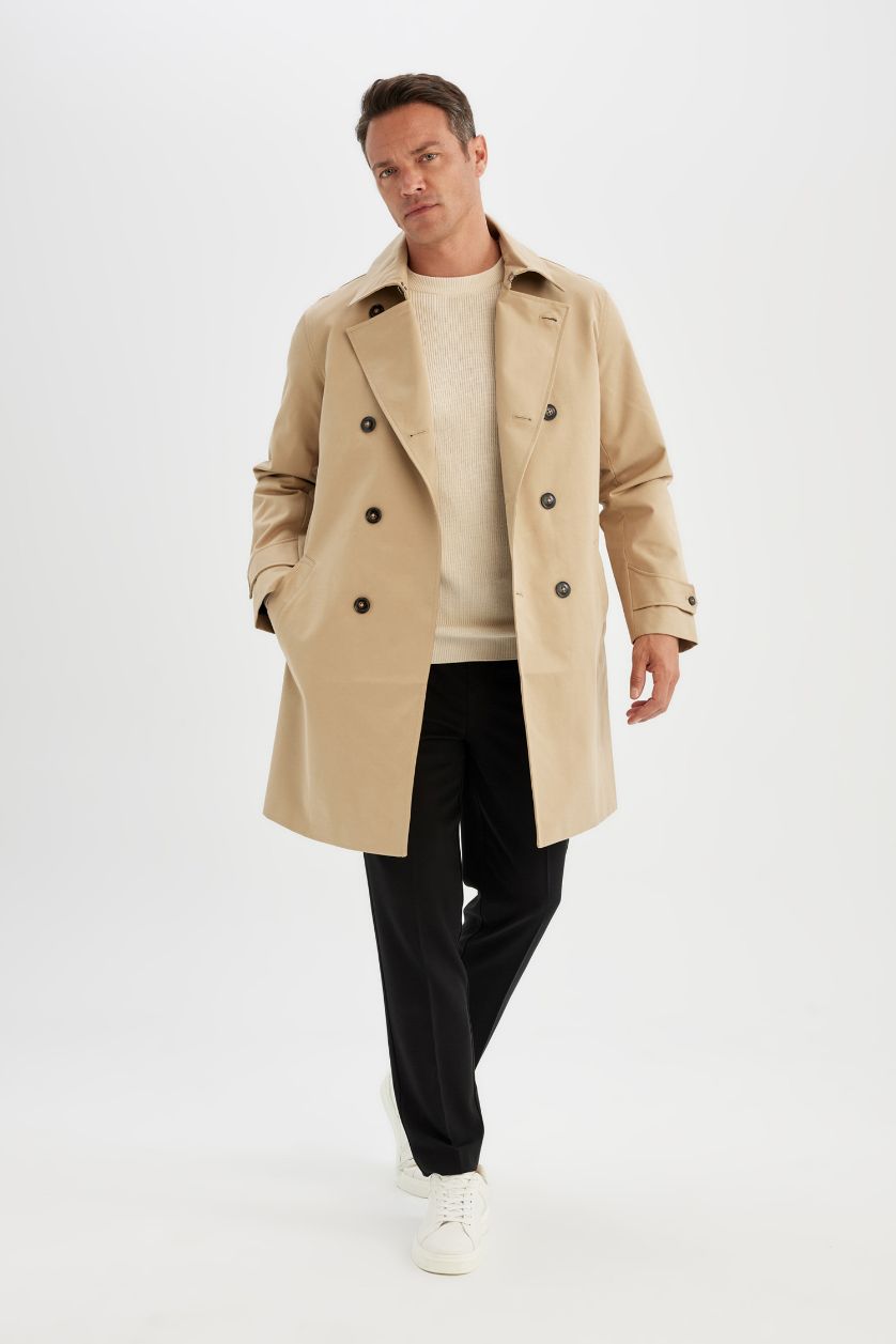 MAN Beige Regular Fit Polo Neck Lined Trench Coat