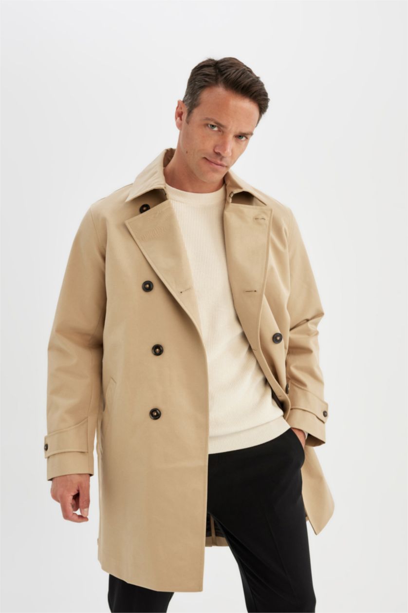 MAN Beige Regular Fit Polo Neck Lined Trench Coat