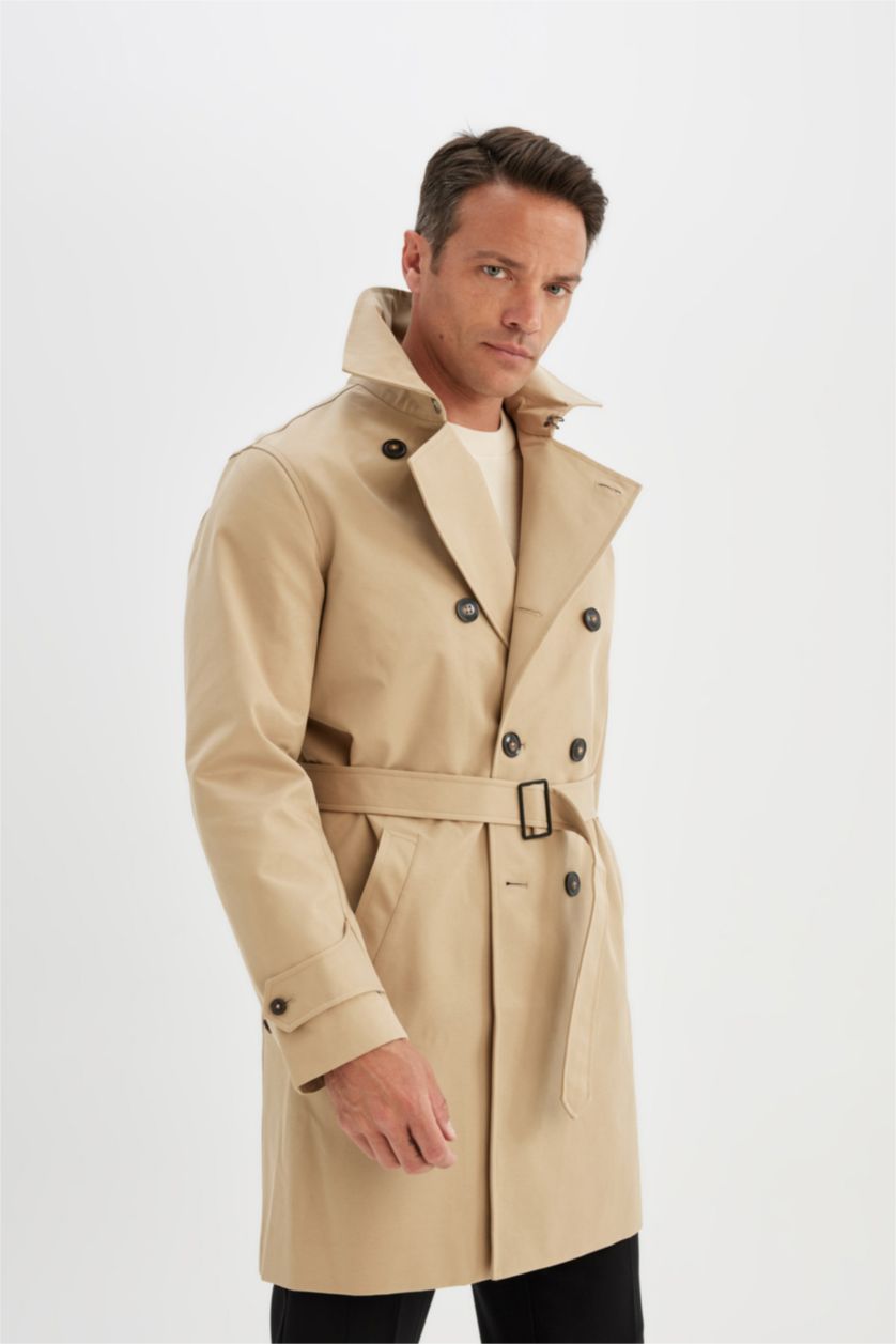 MAN Beige Regular Fit Polo Neck Lined Trench Coat