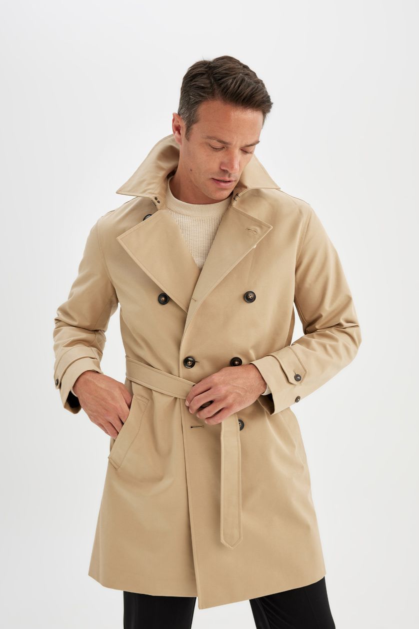 MAN Beige Regular Fit Polo Neck Lined Trench Coat