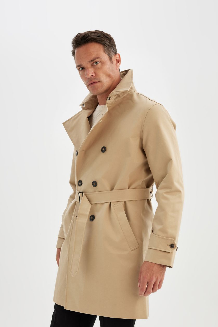 MAN Beige Regular Fit Polo Neck Lined Trench Coat