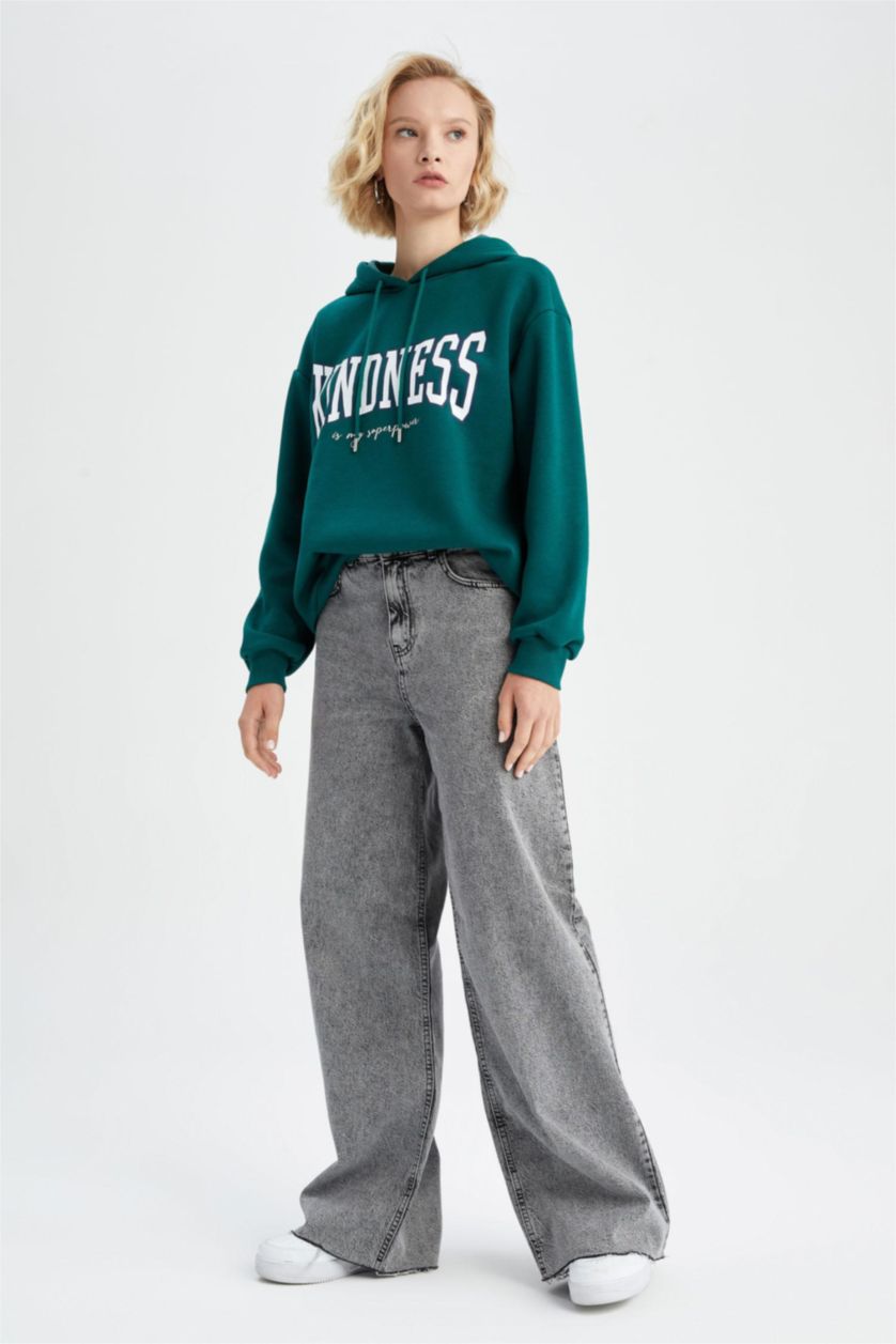 WOMAN Green Regular Fit Thick Sweatshirt Fabric Sweatshirt