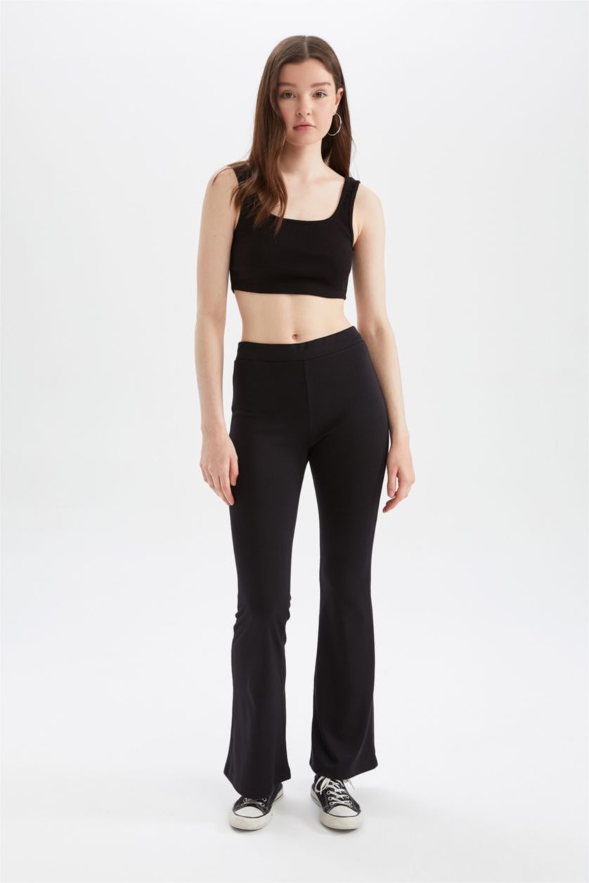 Kadın Siyah Normal Bel Flare Fıt Pantolon