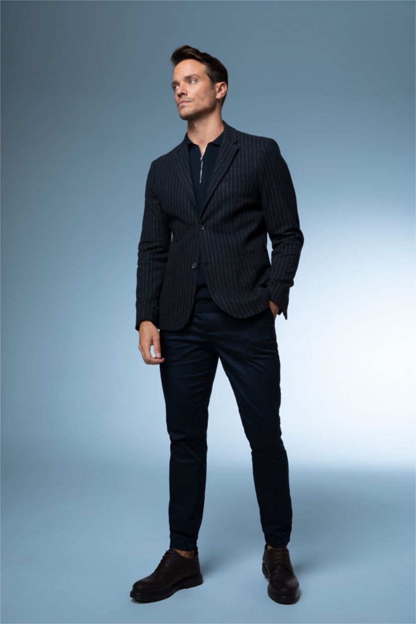 Erkek Lacivert Slim Fit Astarlı Çizgili Blazer Ceket