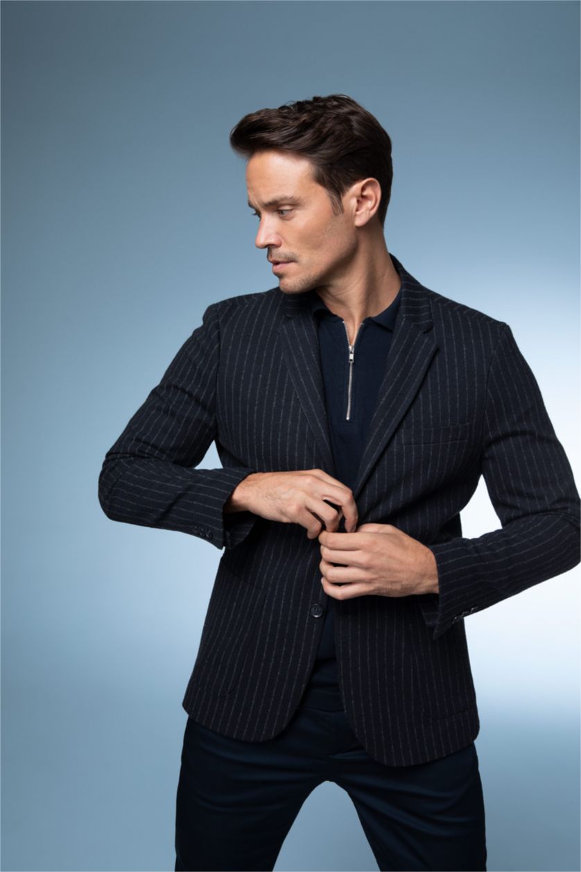 Erkek Lacivert Slim Fit Astarlı Çizgili Blazer Ceket