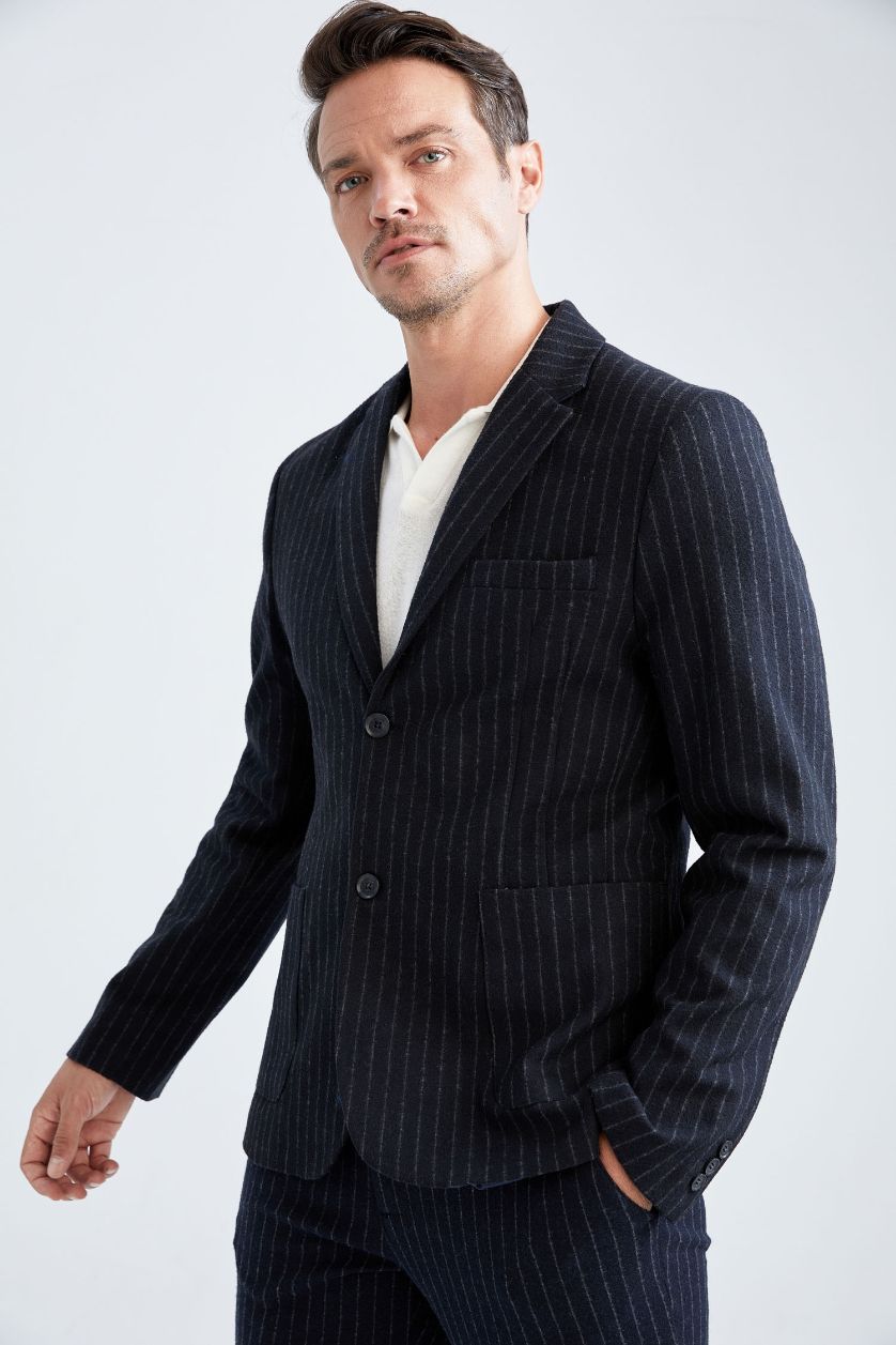 Erkek Lacivert Slim Fit Astarlı Çizgili Blazer Ceket