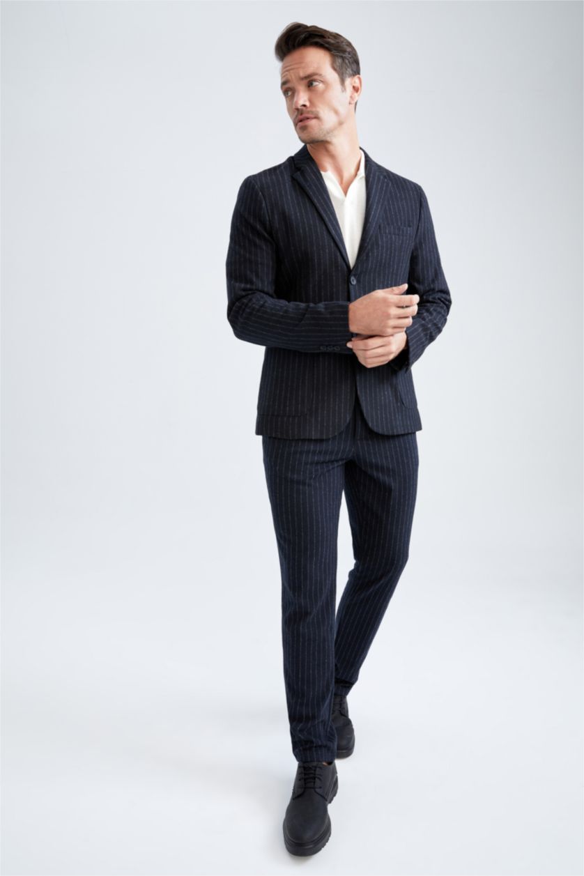 Erkek Lacivert Slim Fit Astarlı Çizgili Blazer Ceket