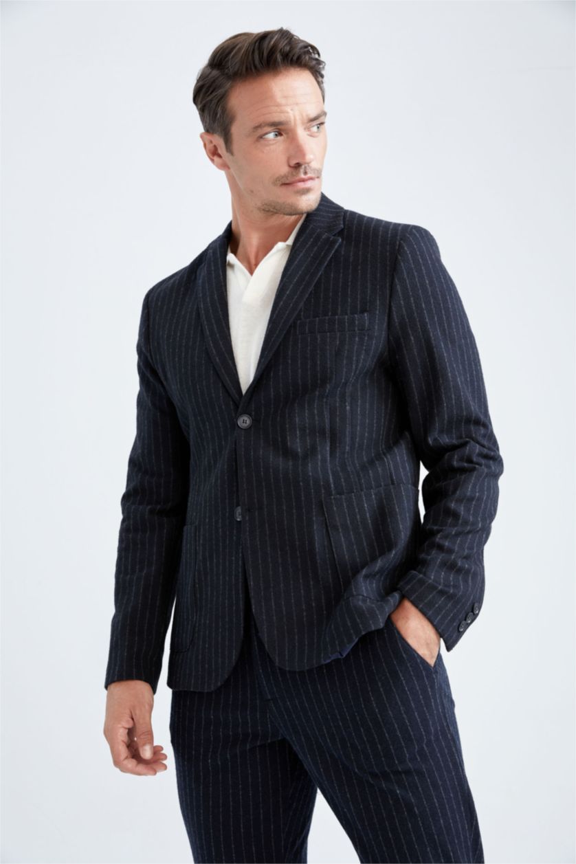 Erkek Lacivert Slim Fit Astarlı Çizgili Blazer Ceket