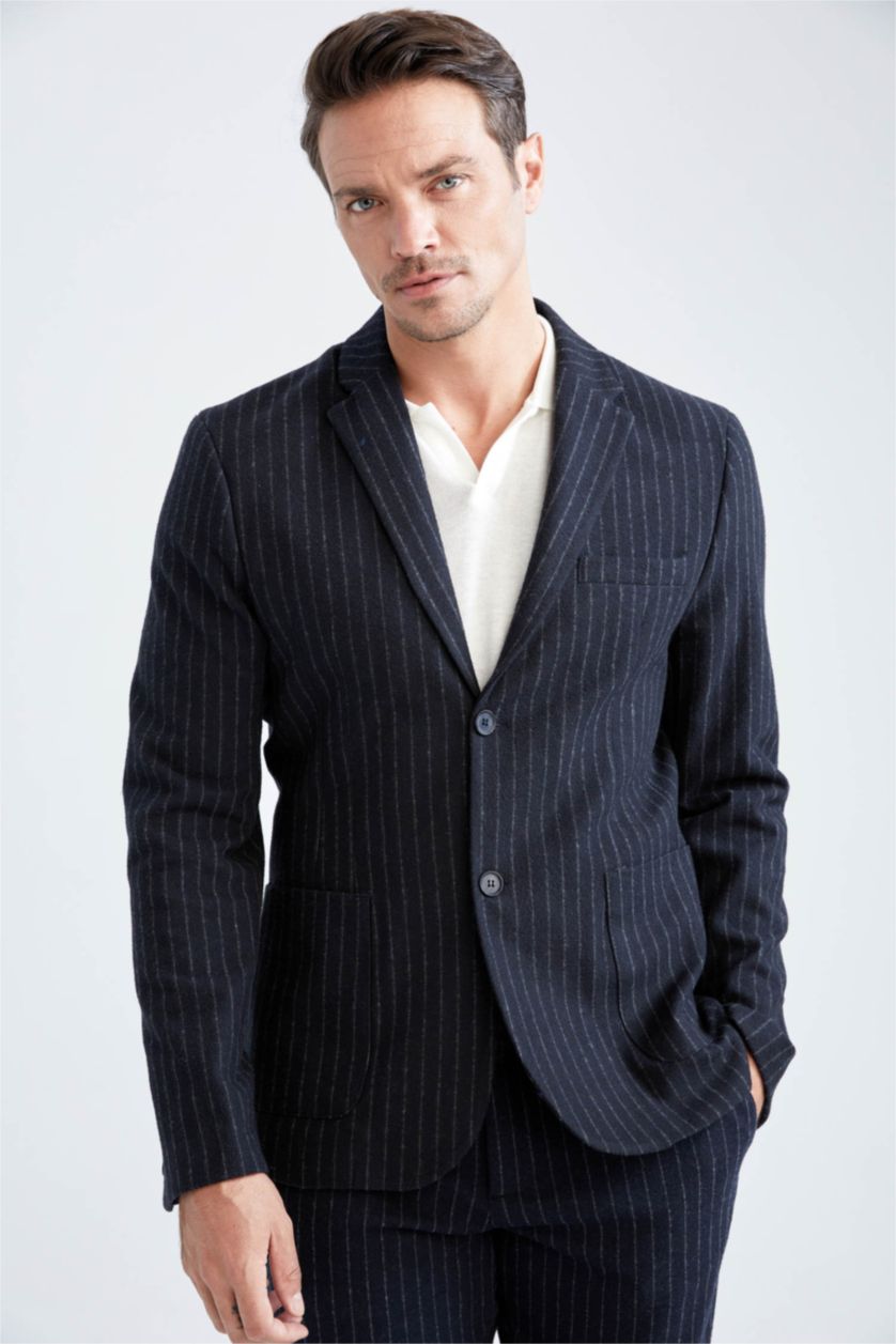 Erkek Lacivert Slim Fit Astarlı Çizgili Blazer Ceket