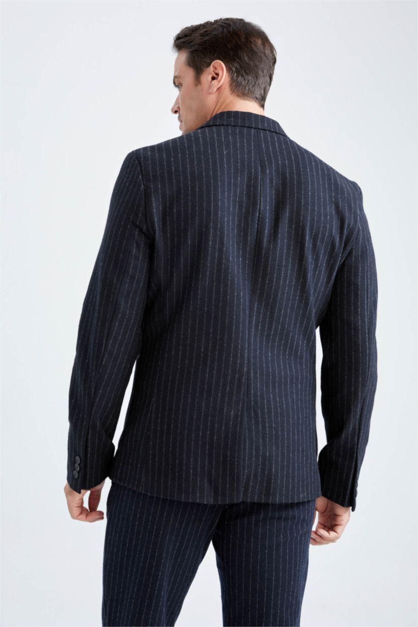 Erkek Lacivert Slim Fit Astarlı Çizgili Blazer Ceket