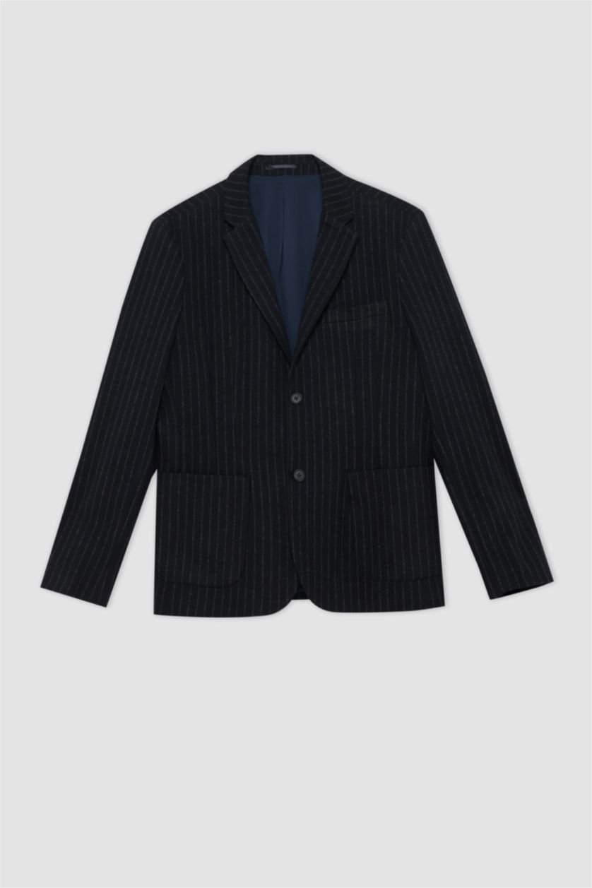 Erkek Lacivert Slim Fit Astarlı Çizgili Blazer Ceket