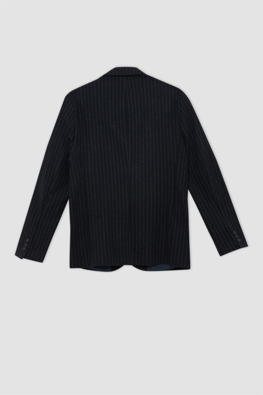 Erkek Lacivert Slim Fit Astarlı Çizgili Blazer Ceket