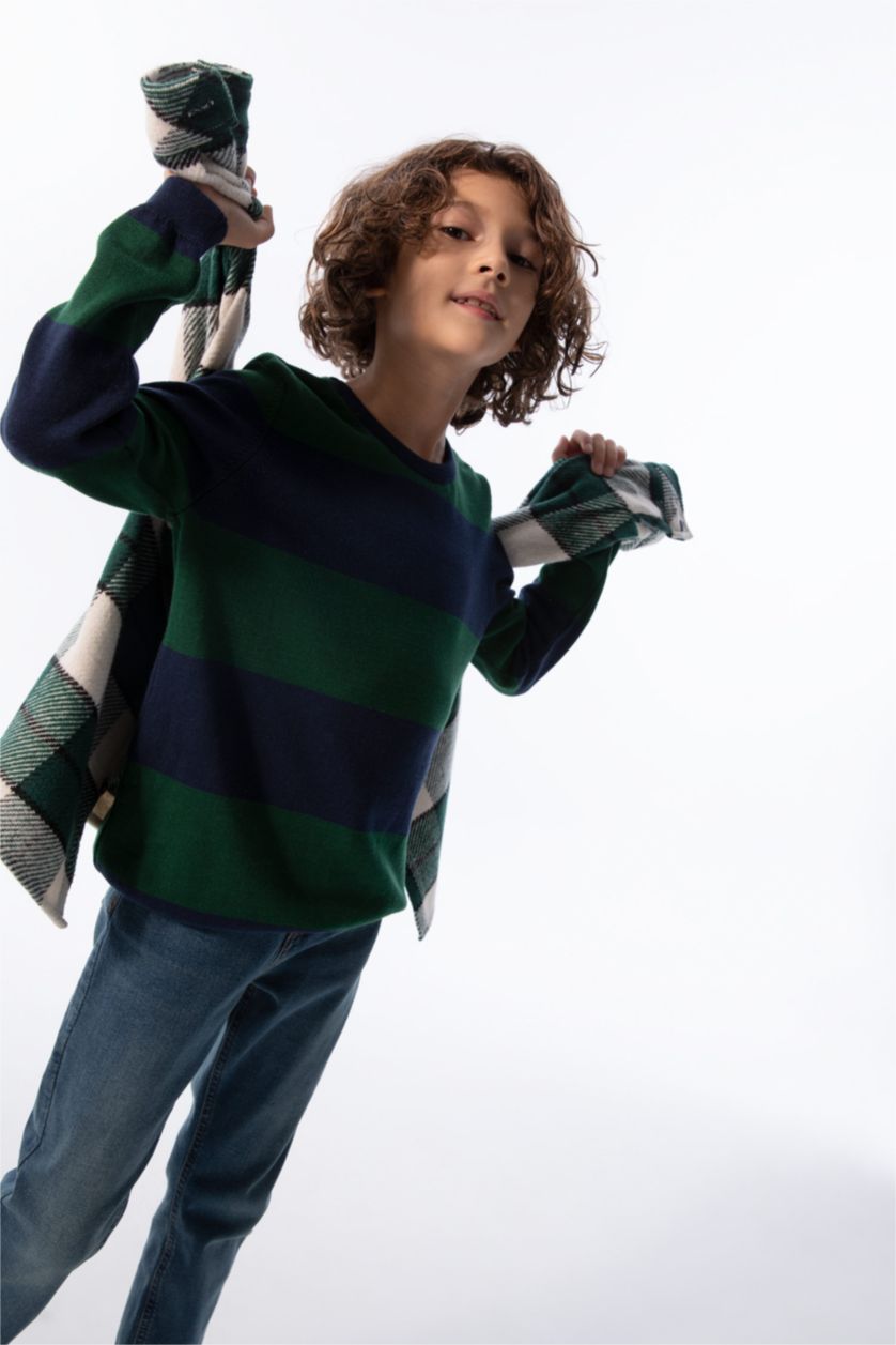 Мальчики и подростки Синий Пуловер стандартного кроя с круглым вырезом из хлопка для мальчиков