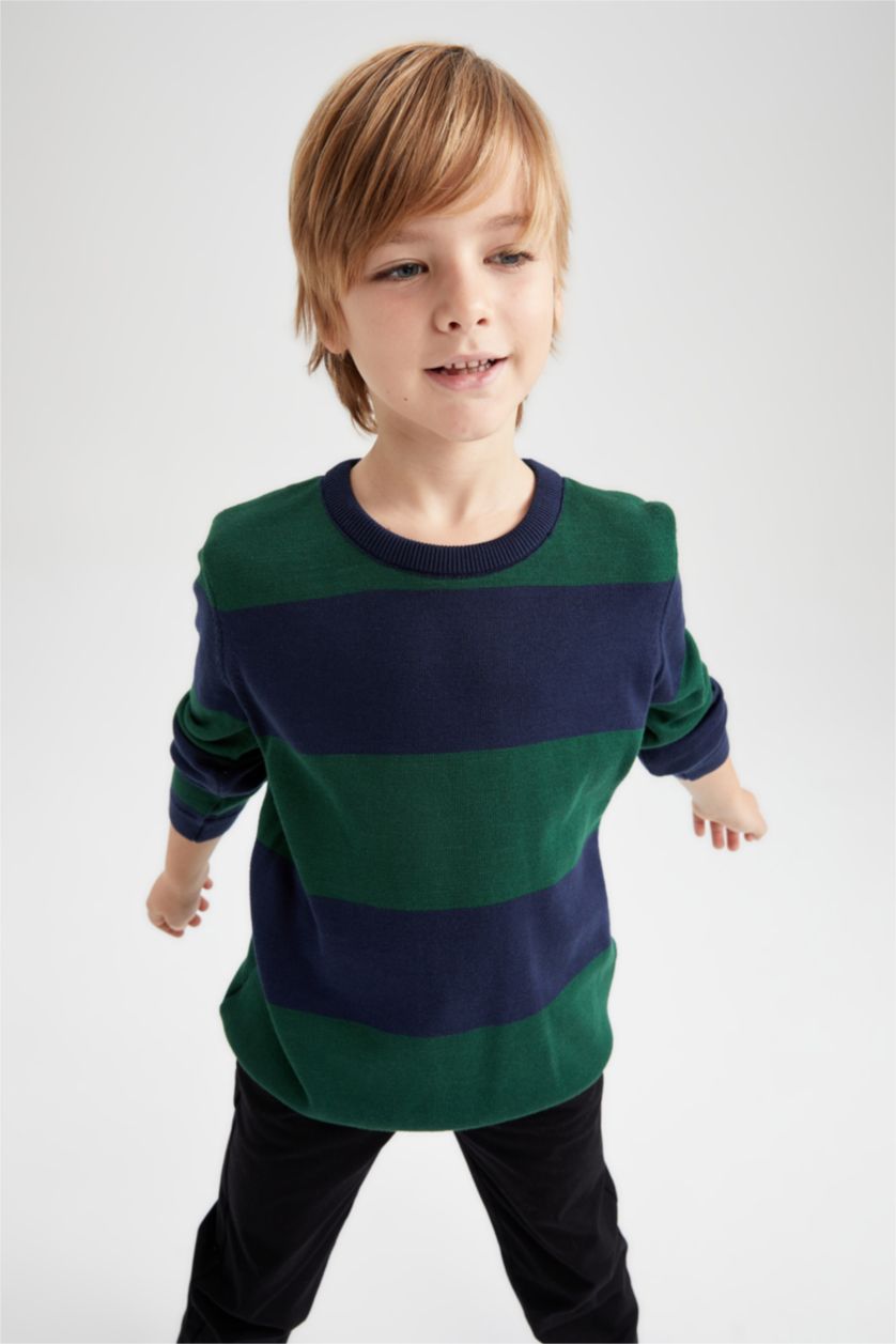 Мальчики и подростки Синий Пуловер стандартного кроя с круглым вырезом из хлопка для мальчиков