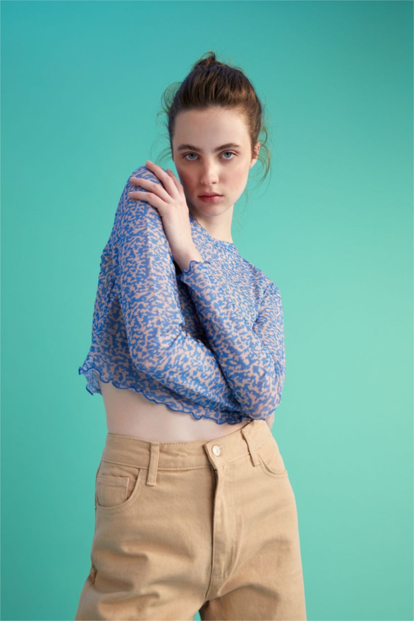 Kadın Mavi Fıtted Bisiklet Yaka Desenli Tül Uzun Kollu Tişört