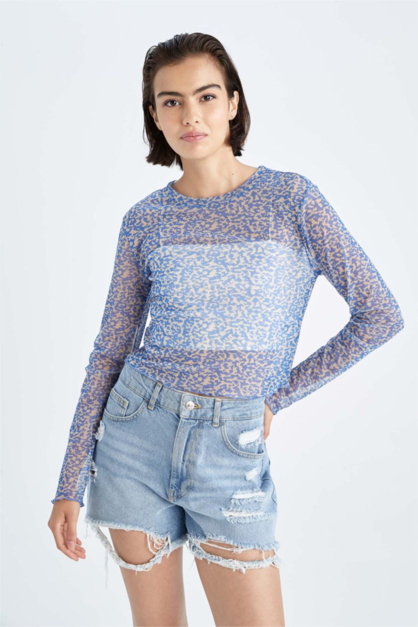 Kadın Mavi Fıtted Bisiklet Yaka Desenli Tül Uzun Kollu Tişört