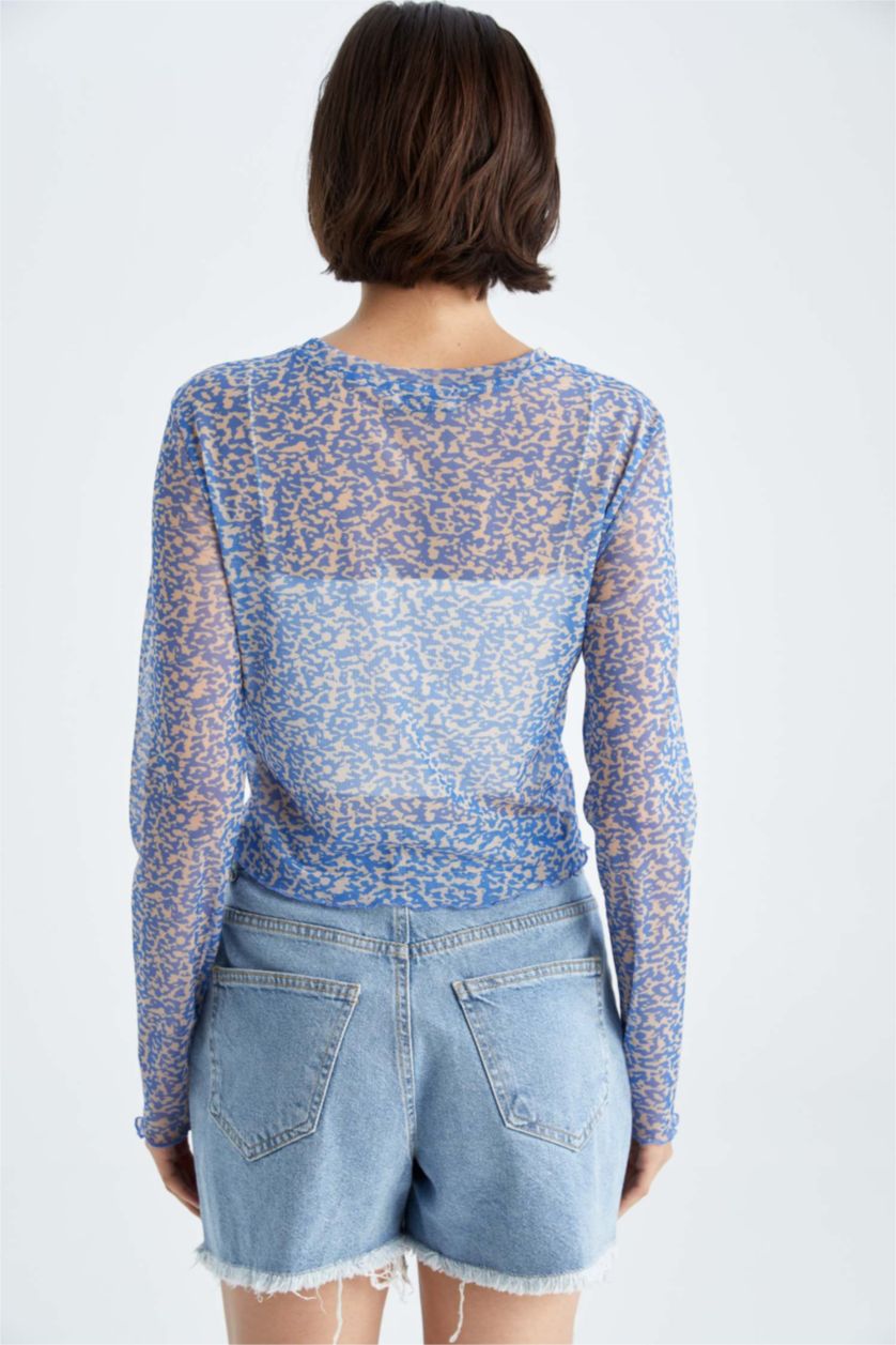 Kadın Mavi Fıtted Bisiklet Yaka Desenli Tül Uzun Kollu Tişört