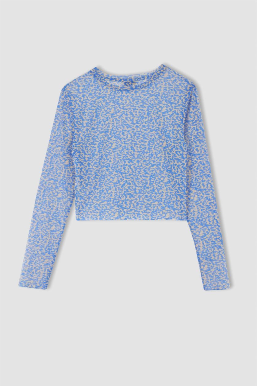 Kadın Mavi Fıtted Bisiklet Yaka Desenli Tül Uzun Kollu Tişört