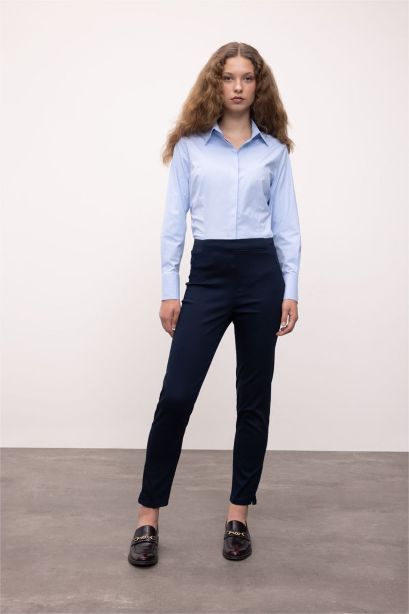 WOMAN Light Blue Fitted Basic Buttoned Bengaline Woven Shirt