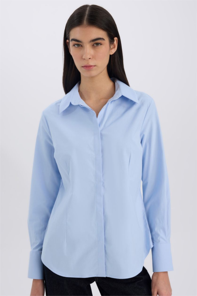 WOMAN Light Blue Fitted Basic Buttoned Bengaline Woven Shirt