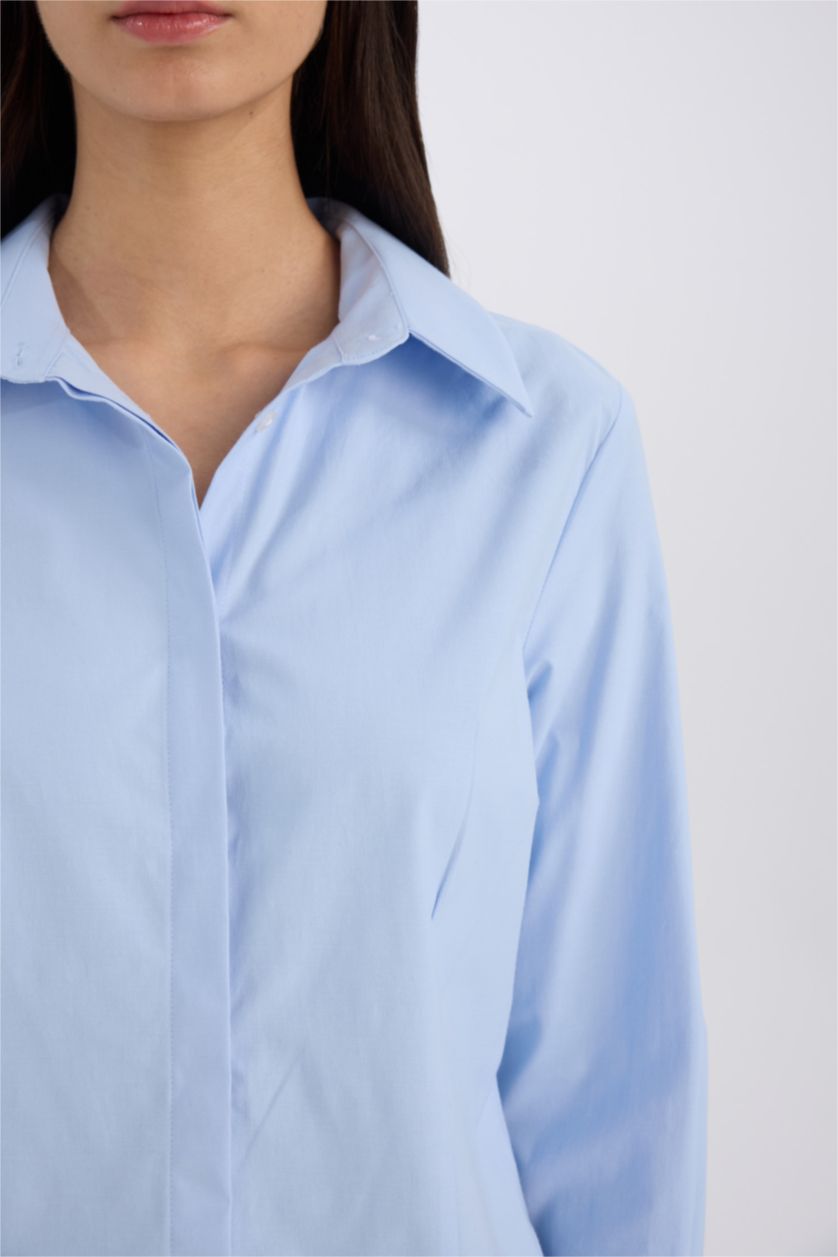 WOMAN Light Blue Fitted Basic Buttoned Bengaline Woven Shirt