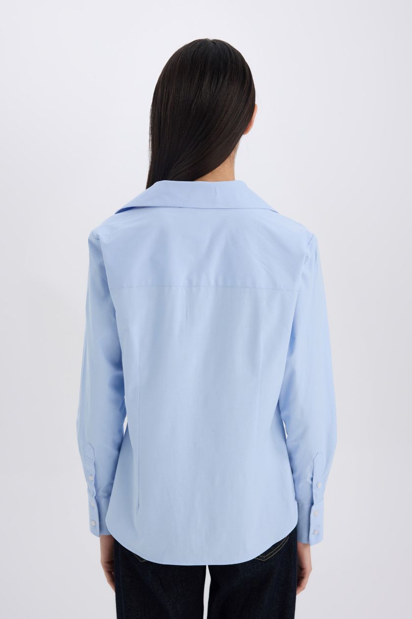 WOMAN Light Blue Fitted Basic Buttoned Bengaline Woven Shirt