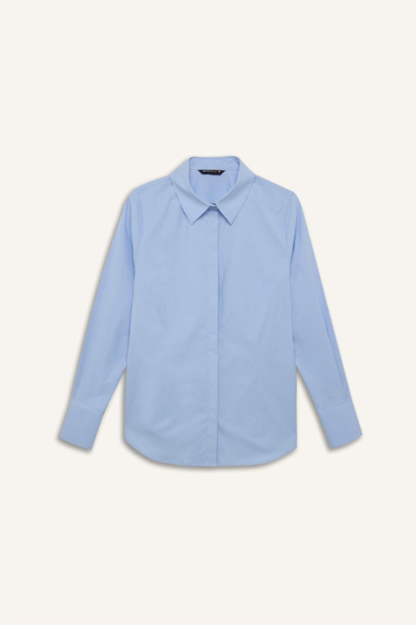 WOMAN Light Blue Fitted Basic Buttoned Bengaline Woven Shirt
