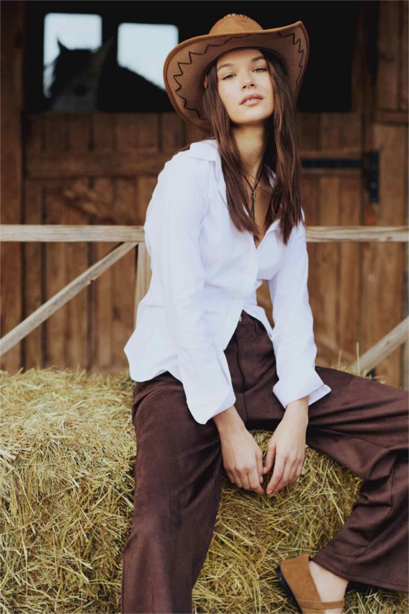 نساء Violet Beyaz قميص كم طويل سليم فيت