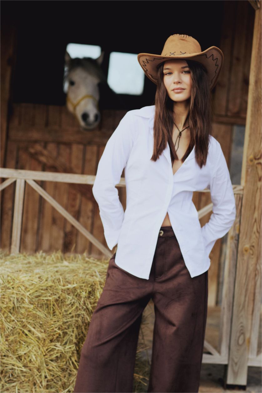 نساء Violet Beyaz قميص كم طويل سليم فيت