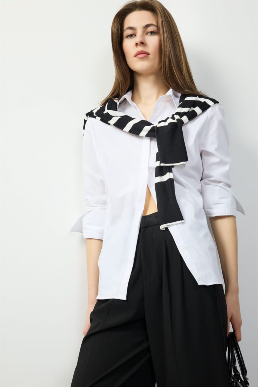 نساء Violet Beyaz قميص كم طويل سليم فيت