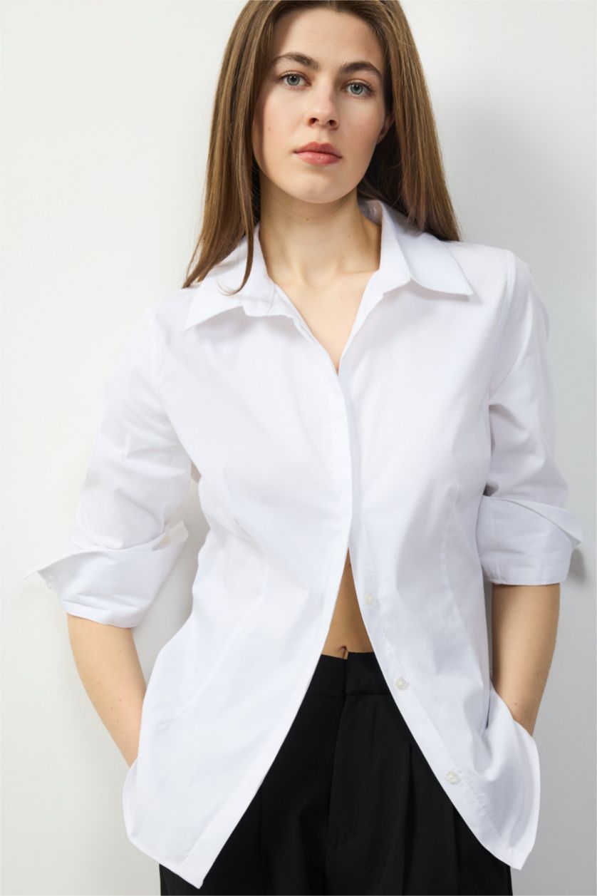 نساء Violet Beyaz قميص كم طويل سليم فيت