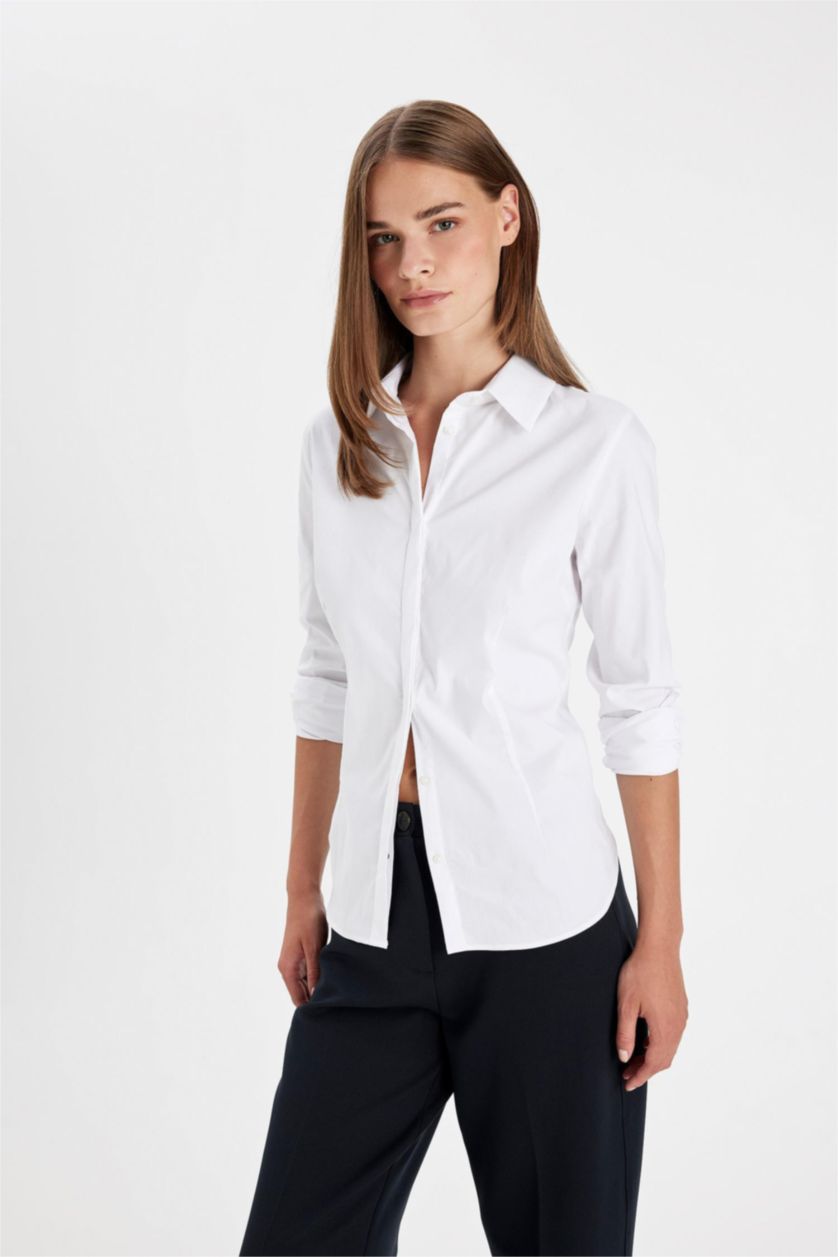 نساء Violet Beyaz قميص كم طويل سليم فيت