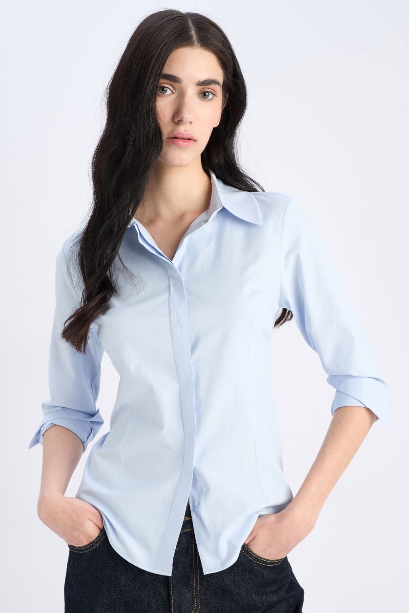 نساء أزرق فاتح قميص كم طويل سليم فيت