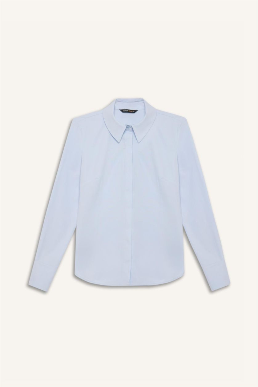 نساء أزرق فاتح قميص كم طويل سليم فيت