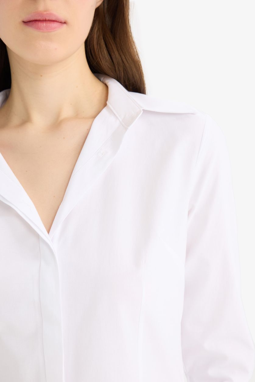 Kadın Beyaz 	Fitted Bengalin Uzun Kollu Basic Düz Beyaz Gömlek