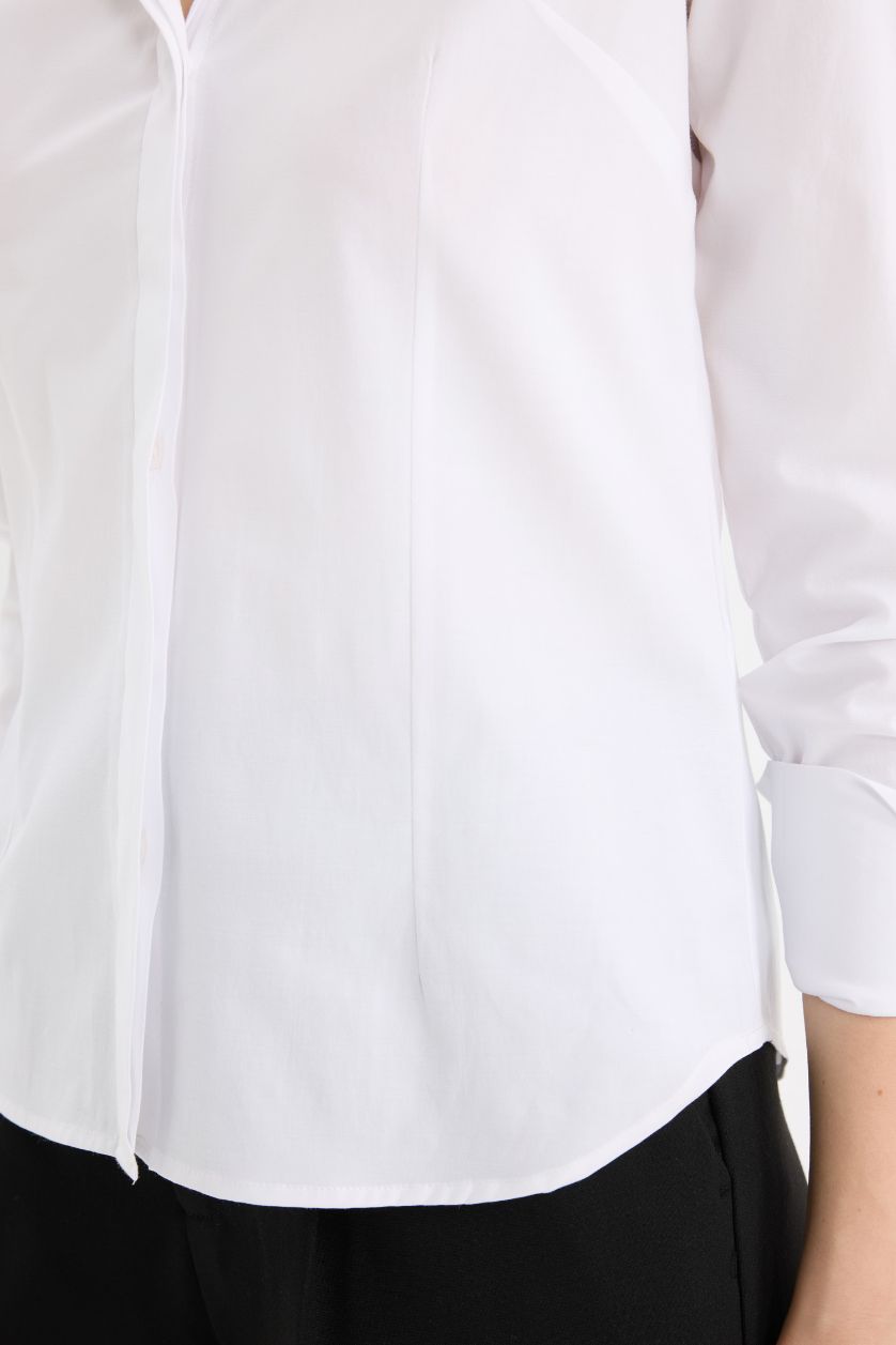 Kadın Beyaz 	Fitted Bengalin Uzun Kollu Basic Düz Beyaz Gömlek