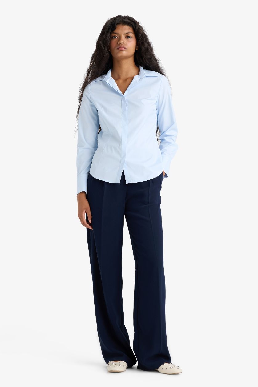 Woman Light Blue Fitted Bengali Long Sleeve Shirt