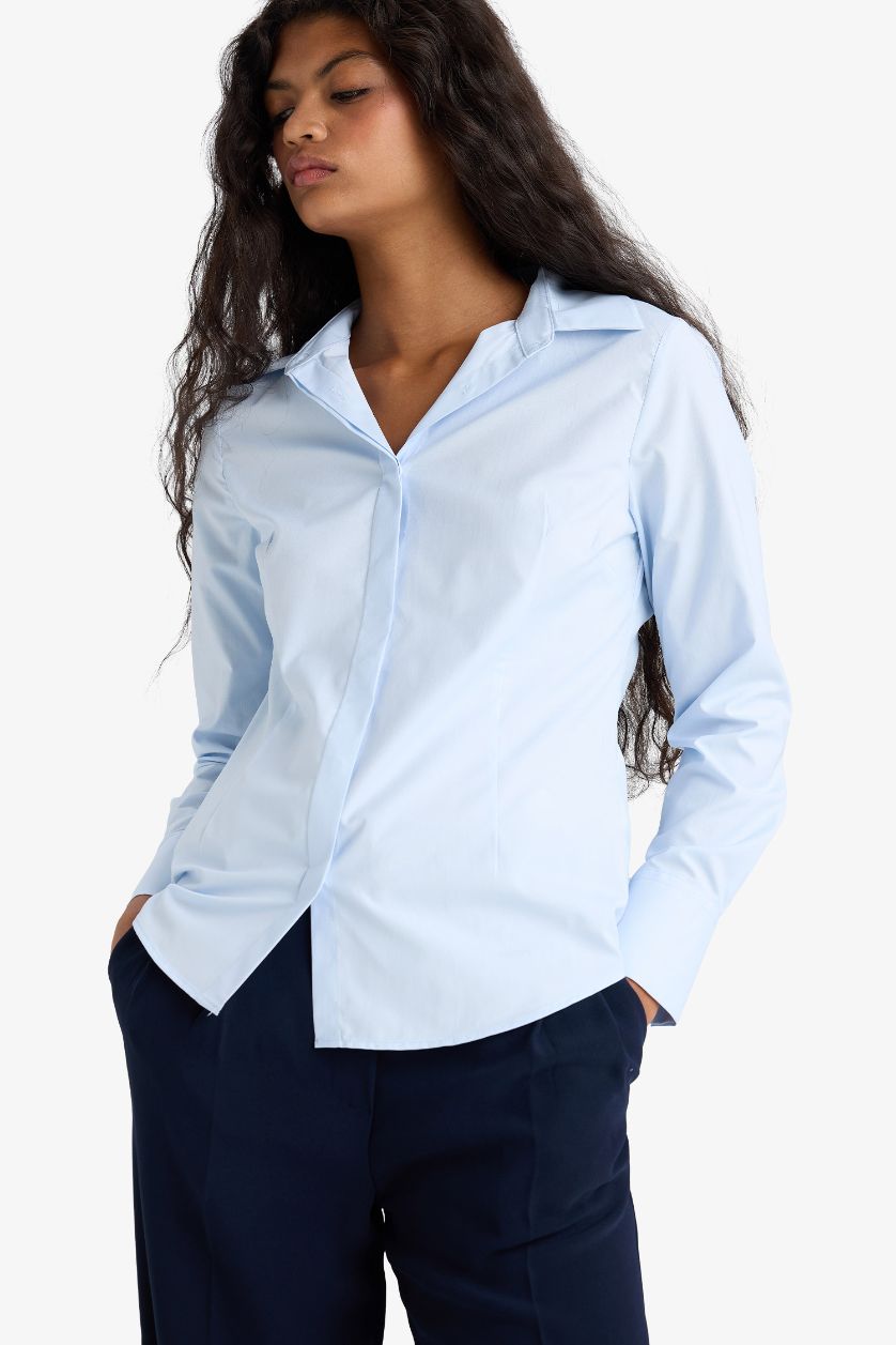 Woman Light Blue Fitted Bengali Long Sleeve Shirt