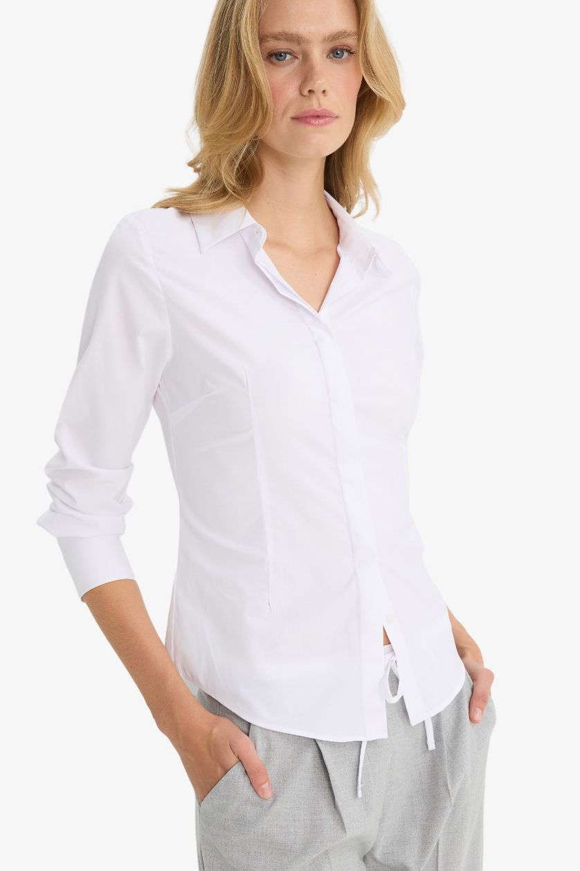 نساء أبيض قميص ردن طويل بنغالين سليم فيت مخصر