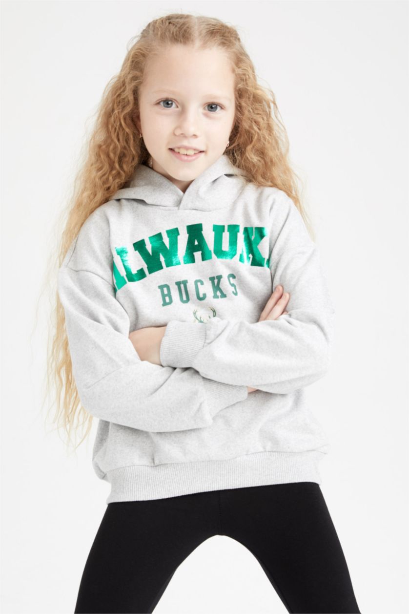Girls & Teens Light Grey Melange Regular Fit NBA Milwaukee Bucks Licensed Crew Neck Sweatshirt