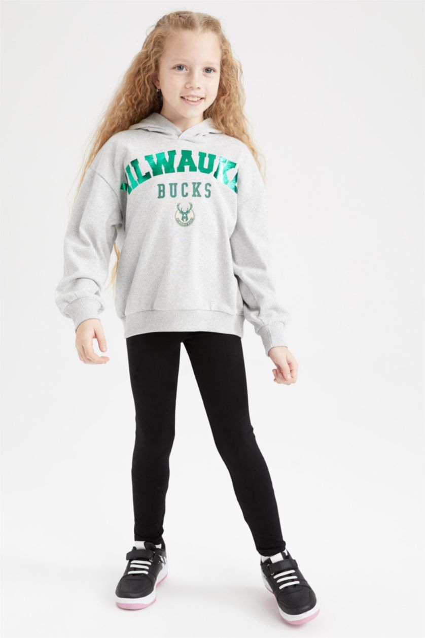 Girls & Teens Light Grey Melange Regular Fit NBA Milwaukee Bucks Licensed Crew Neck Sweatshirt