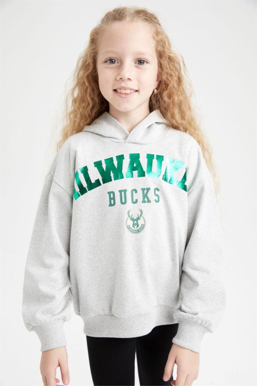 Girls & Teens Light Grey Melange Regular Fit NBA Milwaukee Bucks Licensed Crew Neck Sweatshirt