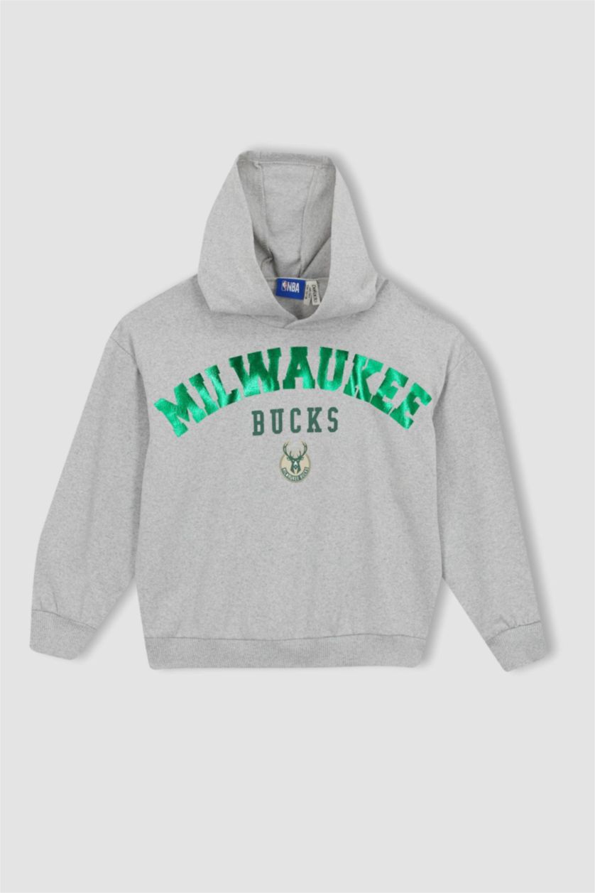 Girls & Teens Light Grey Melange Regular Fit NBA Milwaukee Bucks Licensed Crew Neck Sweatshirt