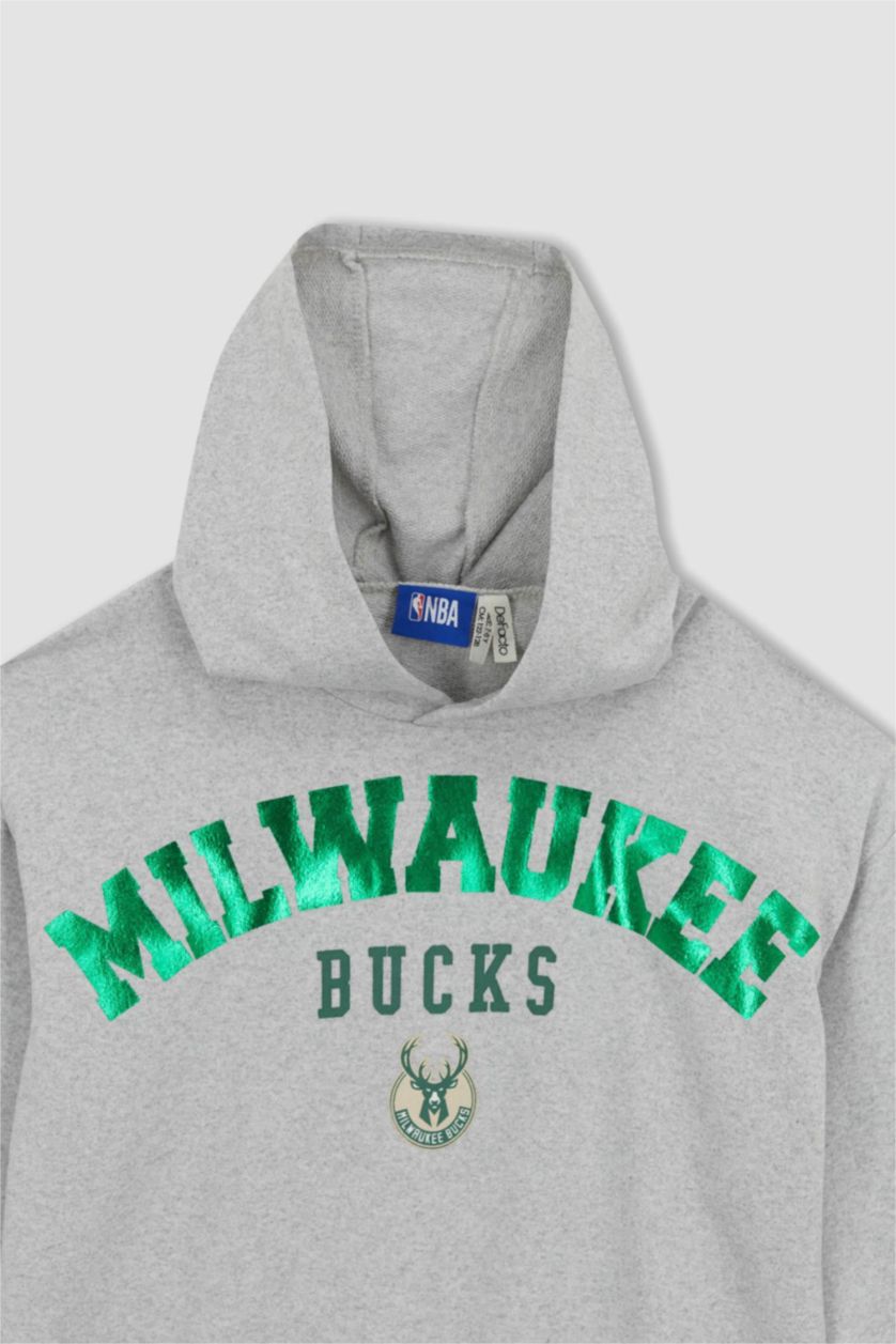 Girls & Teens Light Grey Melange Regular Fit NBA Milwaukee Bucks Licensed Crew Neck Sweatshirt
