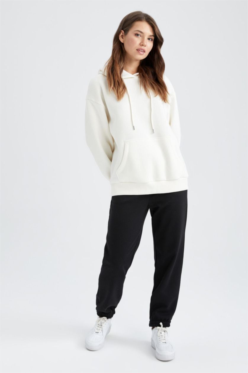 نساء أسود Regular Fit Thick Sweatshirt Fabric Trousers