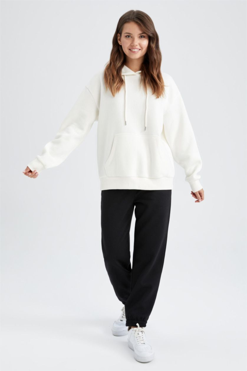 نساء أسود Regular Fit Thick Sweatshirt Fabric Trousers