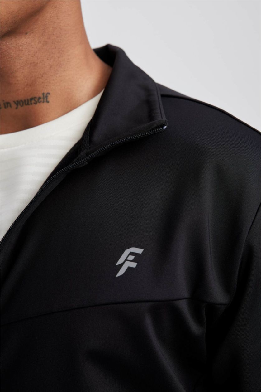 رجال أسود سويتر سليم فيت من قماش سكوبا بسحاب من DeFactoFit