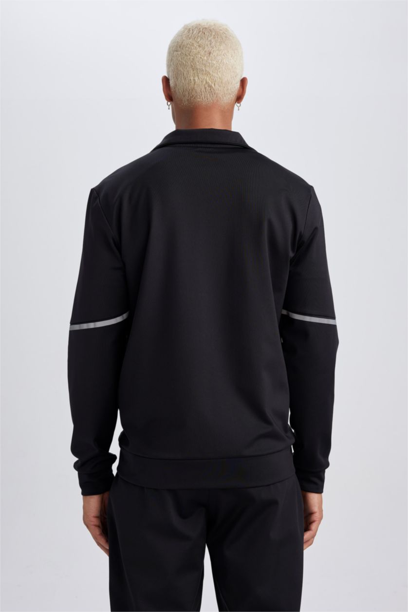 رجال أسود سويتر سليم فيت من قماش سكوبا بسحاب من DeFactoFit